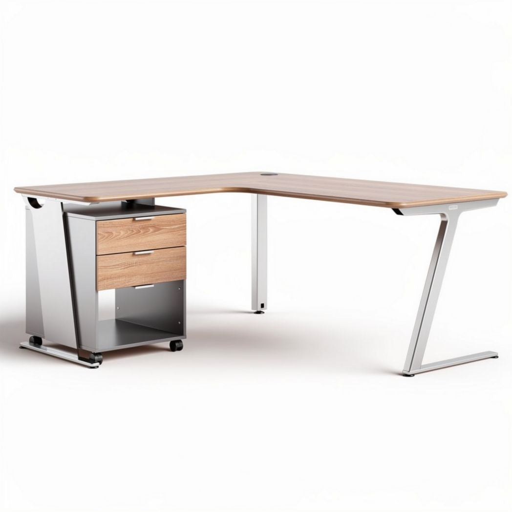 L-förmiger schreibtisch aus holz mit rollcontainer in grau 150 x 75 x 75cm