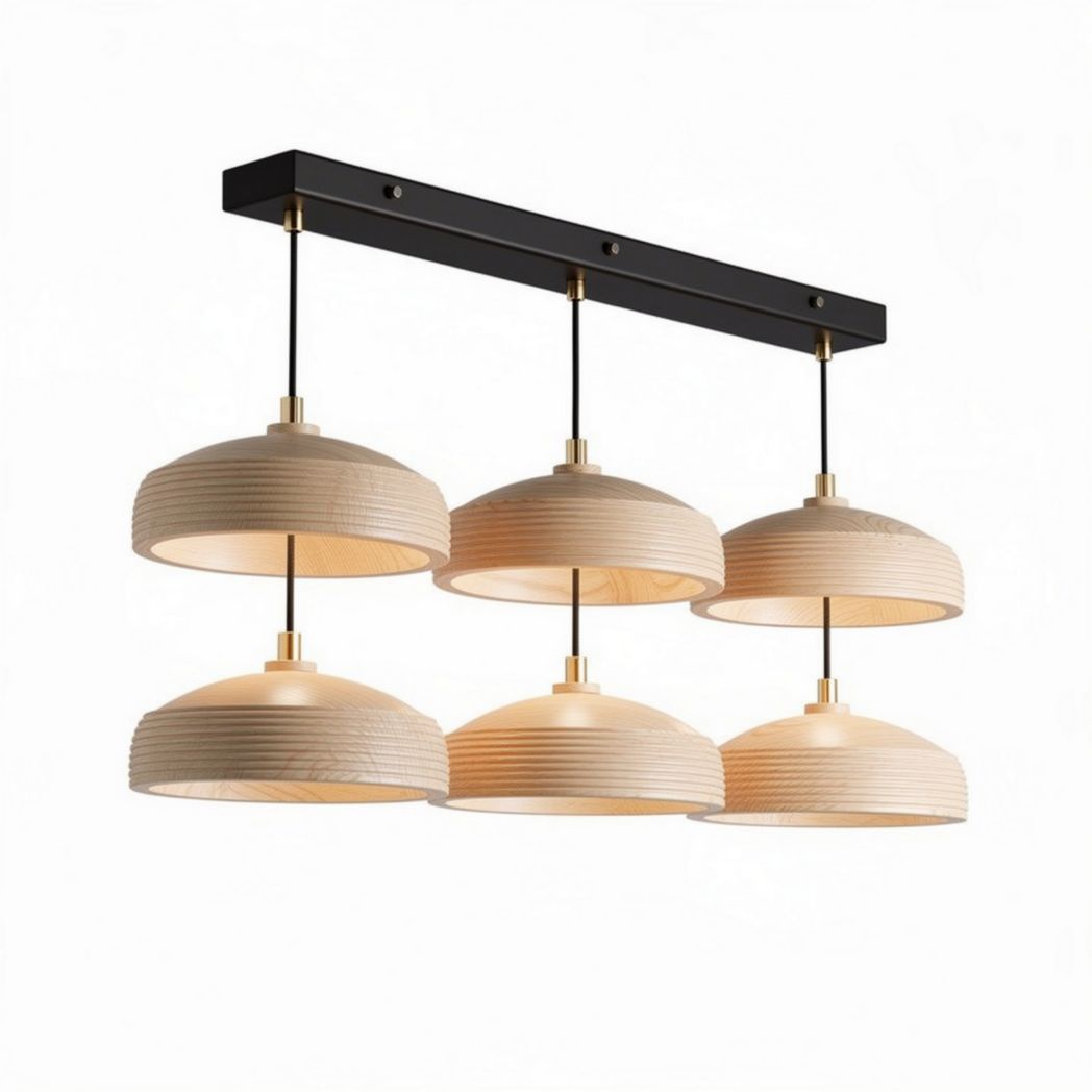 Moderne hängelampe mit 6 lampenschirmen aus holz in schwarz und beige 100 x 25 x 15cm