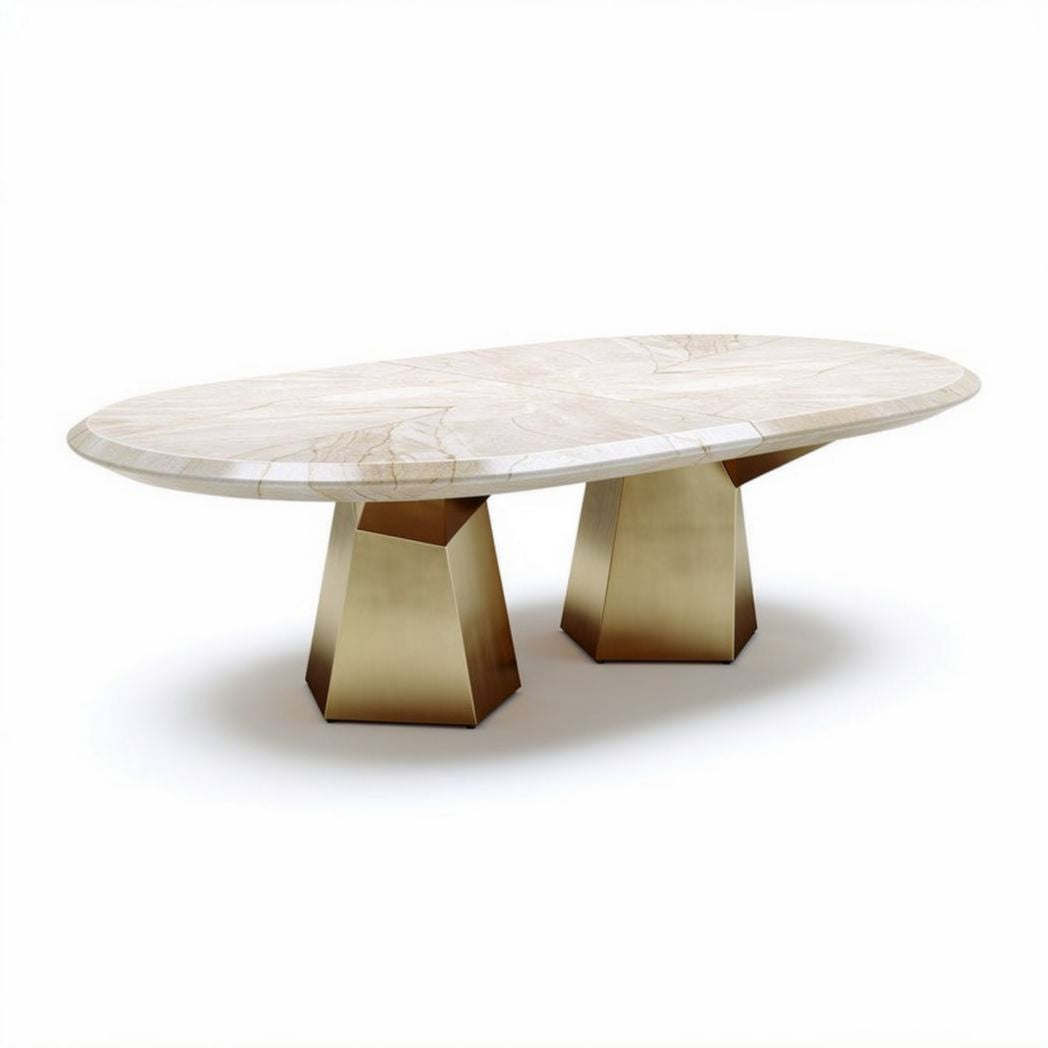 Esstisch oval aus weißem Marmor mit goldenem Metallgestell 240 x 120 x 75cm
